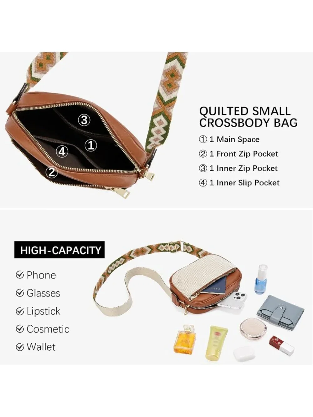 Women's Brown Leather Crossbody Purses Shoulder Handbags with Wide Strap